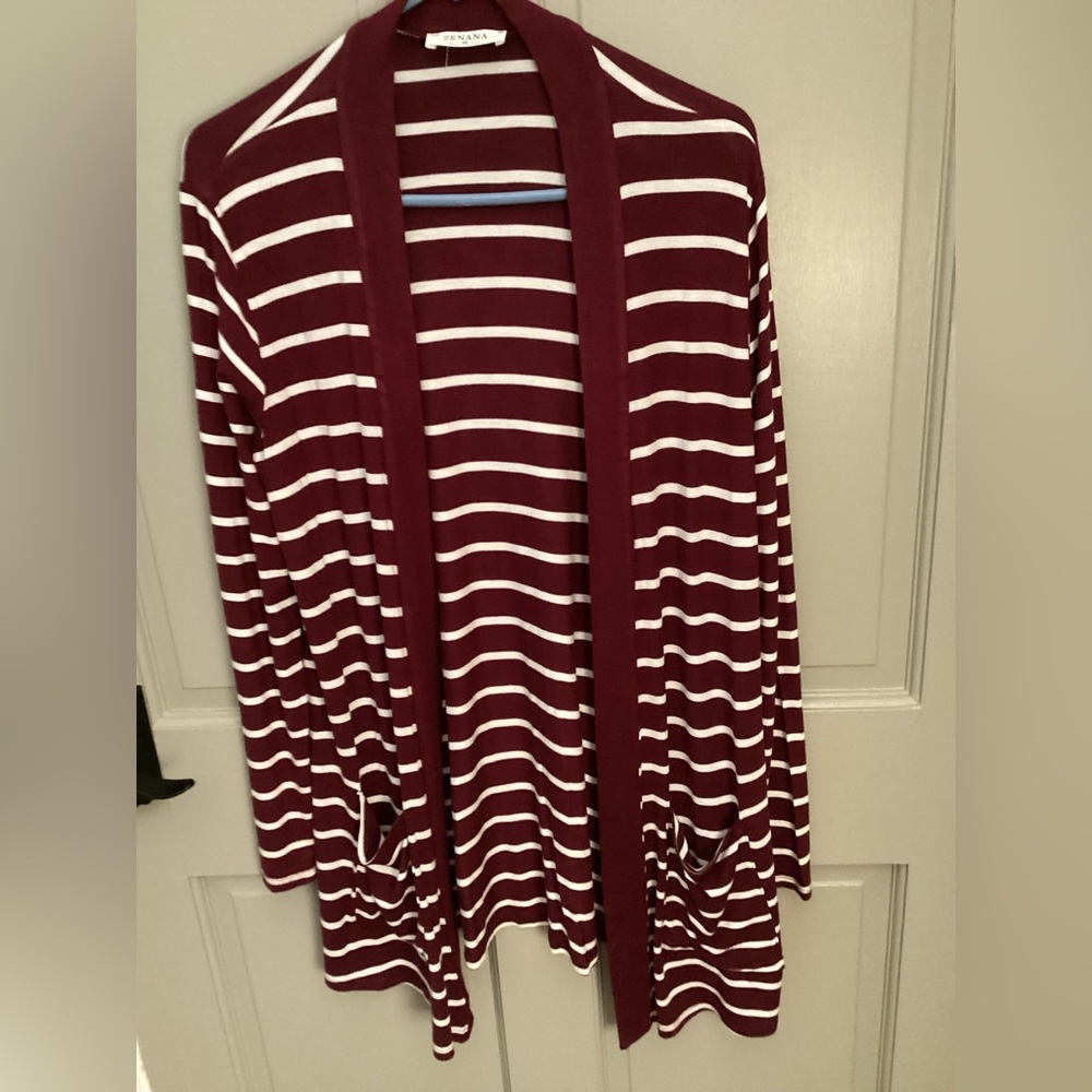 Zenana Outfitters Burgundy and White Striped Cardigan